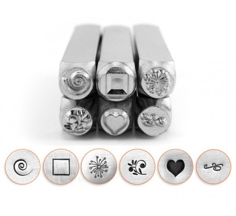 metal stamping tools ImpressArt 6pc Set: Swirl Cube Dandelion Floral Swirl Solid Heart Flourish jewelry stamps metal stamps set