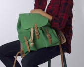 Leather backpack DIY package with drawstring, 2 pockets and real belt closures. Pre-cut stitching holes for easy hand sewing.