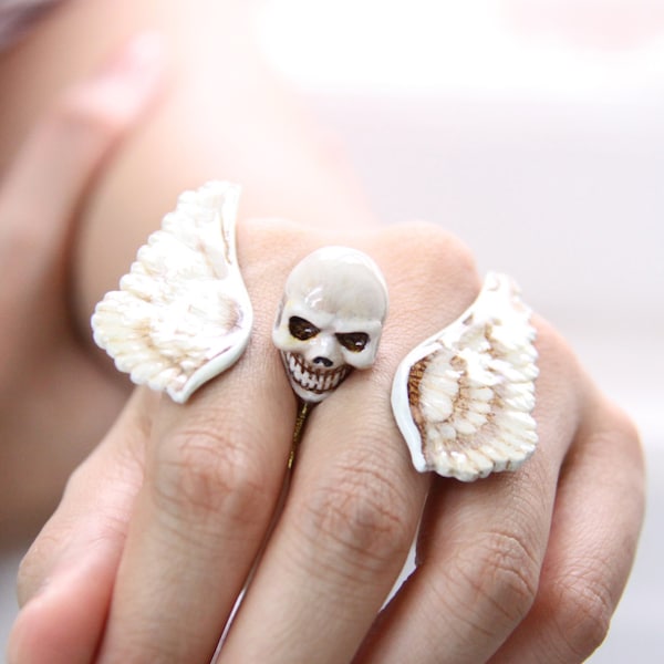 Bird Wings with Skull Double Ring / Hand-Painted Color / Jewelry