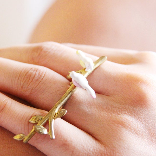 Two Little Birds on Golden Branch Double Ring