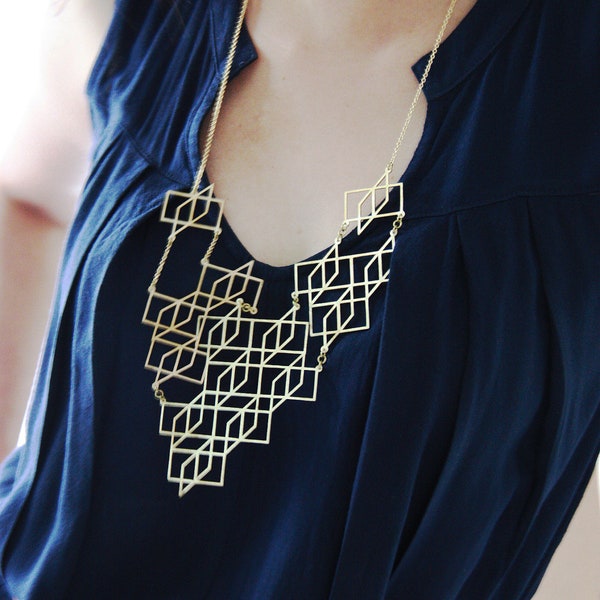 Square Geometric Optical Art Necklace - Metal Brass Necklace