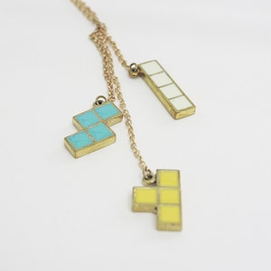 Tetris Set Pendant Necklace - Fashion Hipster Jewelry for Her - Brass Enamel Accessories