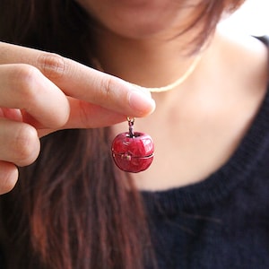 Può includere: Un piccolo ciondolo rosso a forma di mela con apertura a cerniera, sospeso a una delicata catena color oro. Il ciondolo è tenuto da un dito, lo sfondo è sfocato.
