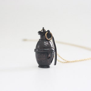 Black Hand Bomb Pendant Necklace / Punk Rock Jewelry / Bomb Mills Brass Metal Work Charm