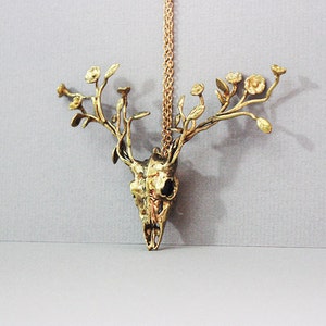 Skull Deer Flowers Antler Necklace Charm / Contemporary Art Rock Jewelry