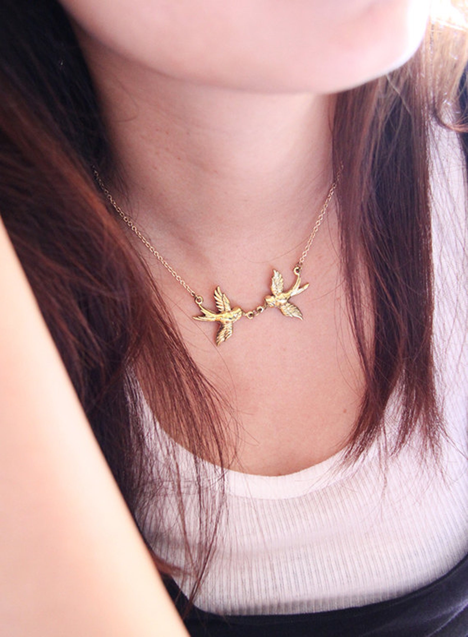 Two Swallows Golden Pendant Necklace / Tiny Gold Brass Jewelry Etsy