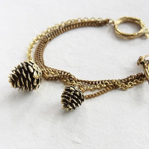 Golden Pine cone with brass chains Bracelet -  Woodland Toggle clasp