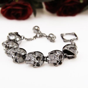 Bracelet Silver Big Human Skulls / Bijoux Punk Rock / Brassard Squelette Plaqué Argent