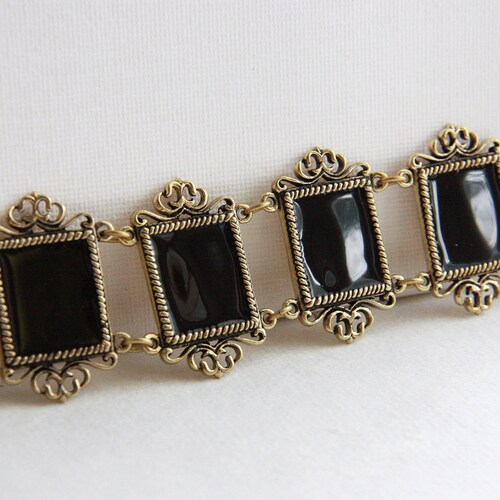 Victorian Style - Plain Black Enamel on Antique Brass - Square Bracelet deals