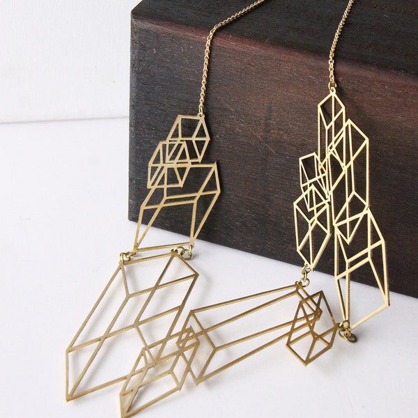 Modern Geometric Cube - Optical Art- Hand craft Necklace