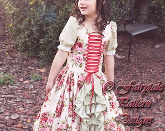 Genevieve's Ruffled Corset Dress PDF Pattern girl's sizes 6-18, plus bonus 18" doll pattern