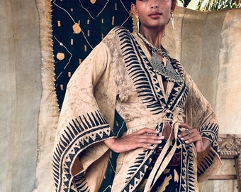 Kimono ra, teñido natural, estampado a mano, moda lenta