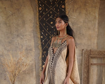 ATHENA Goddess Dress – Handmade Mud Printed Maxi Dress, Sumerian Block Print, Natural Dyes, Long Sleeves, Free Size, Boho Flowy