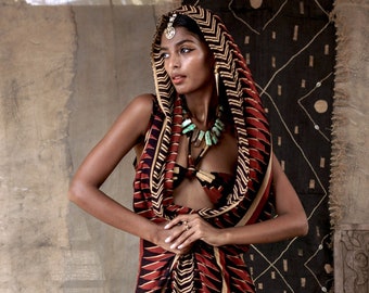 AZUMI VEST red zebra  block-printed handmade vest, burningman festival wear, sleeveless bohemian hooded dress, Alekai