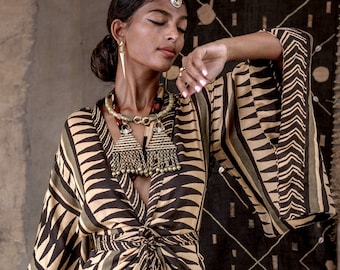 Kimono ra, teñido natural, estampado a mano, moda lenta