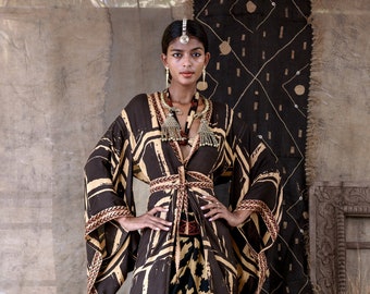 Kimono ra, teñido natural, estampado a mano, moda lenta