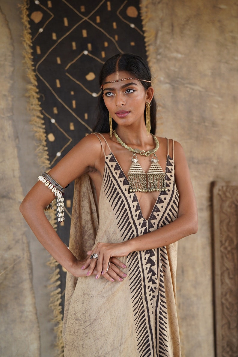 athena dress,mud printing , natural dye , Sumerian block print borders , one size zdjęcie 1