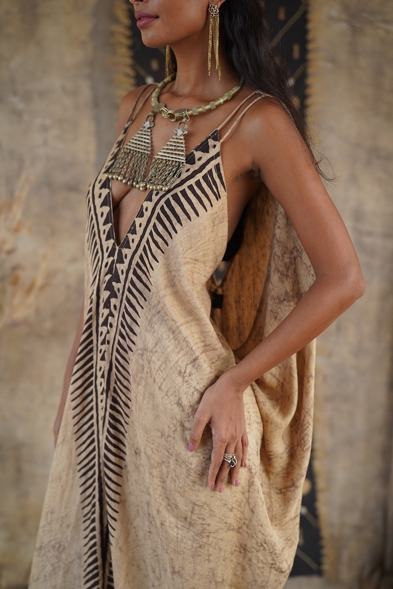 athena dress,mud printing , natural dye , Sumerian block print borders , one size zdjęcie 3