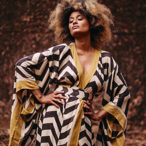 KIMONO DRESS Golden •Bohemian kimono wrap round Robe free size•Hand made block printed kimono dress•Sustainable clothing•Natural dyes•Alekai