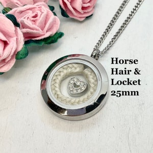 25mm Keepsake memory locket pendant containing a braid of your horses hair. Memorial pendant necklace