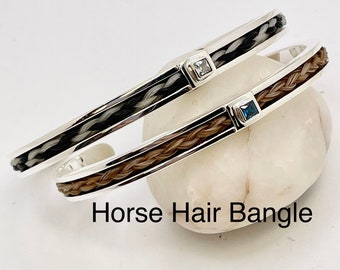 Sterling Silver Cuff Bangle with Clear or Blue Stone, Contains a braid of your horses hair in the middle, equestrian memorial gift jewellery