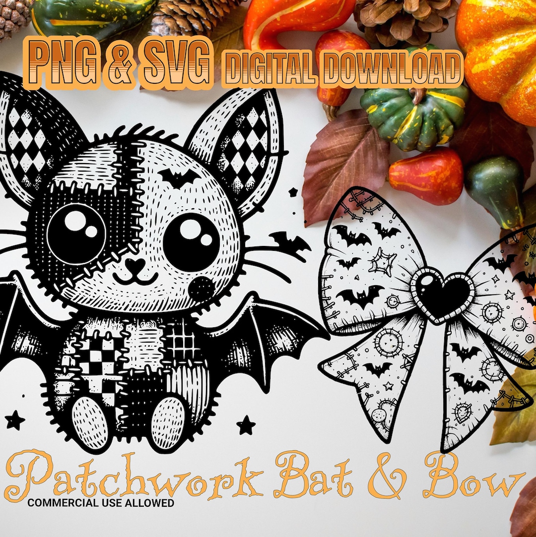 Spooky Patchwork Bat and Bow Clipart Set | SVG & PNG Digital Download ...