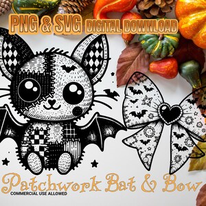 May include: Black and white digital download of a patchwork bat and bow with a cute, cartoonish style. The bat has large eyes and a stitched-together appearance. The bow is decorated with bats and stars. The text "Patchwork Bat & Bow" is written below the image. "COMMERCIAL USE ALLOWED" is written below the text.