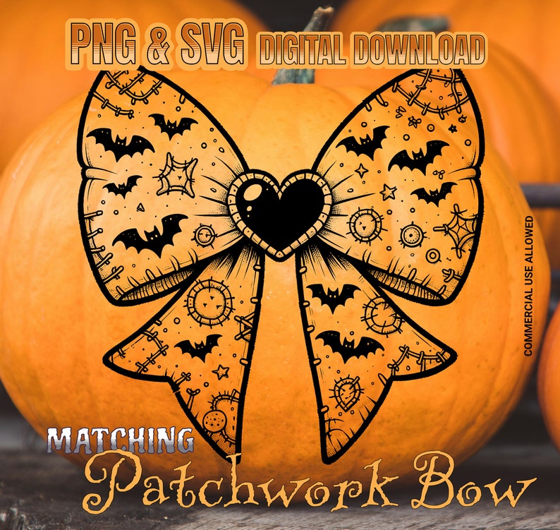 Spooky Patchwork Bat and Bow Clipart Set | SVG & PNG Digital Download ...