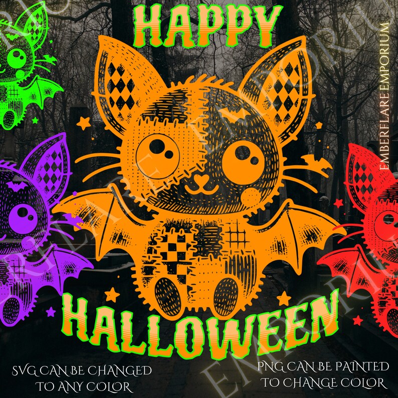 Spooky Patchwork Bat and Bow Clipart Set | SVG & PNG Digital Download ...