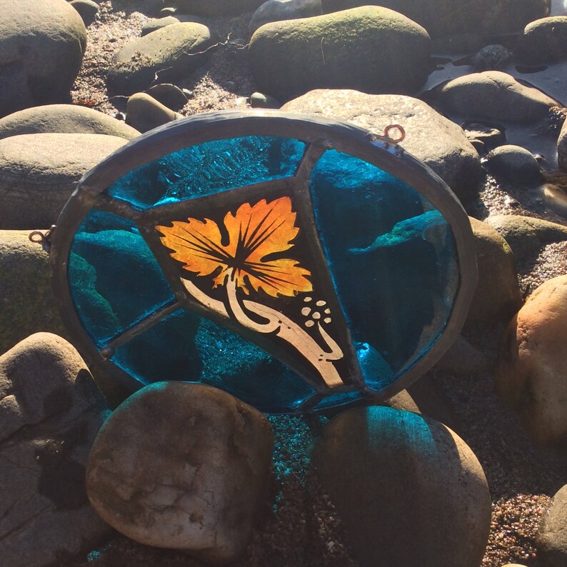Turqoise Glass Authentic Circa 1900 WindowSun Catcher Antique Stained Glass English Church Glass Roundel Leaf sun catcher