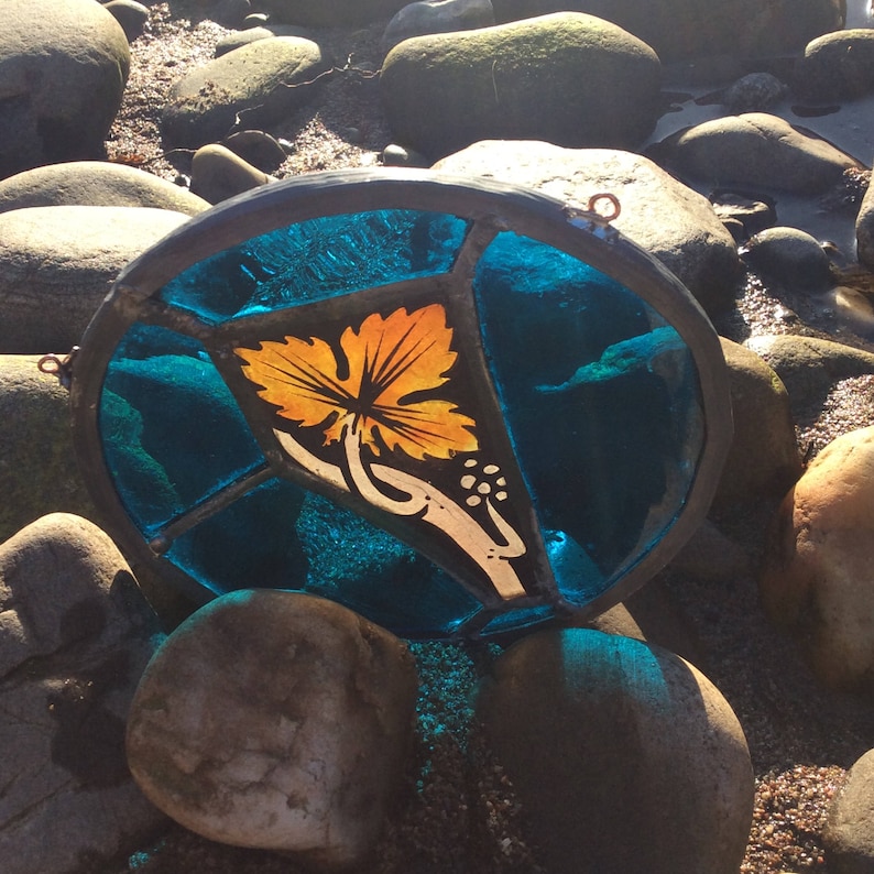 Turqoise Glass Authentic Circa 1900 WindowSun Catcher Antique Stained Glass English Church Glass Roundel Leaf sun catcher