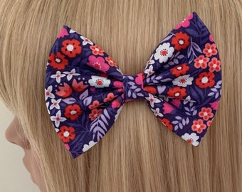 Pastel light blue floral flower print hair bow clip girls retro pin up vintage 