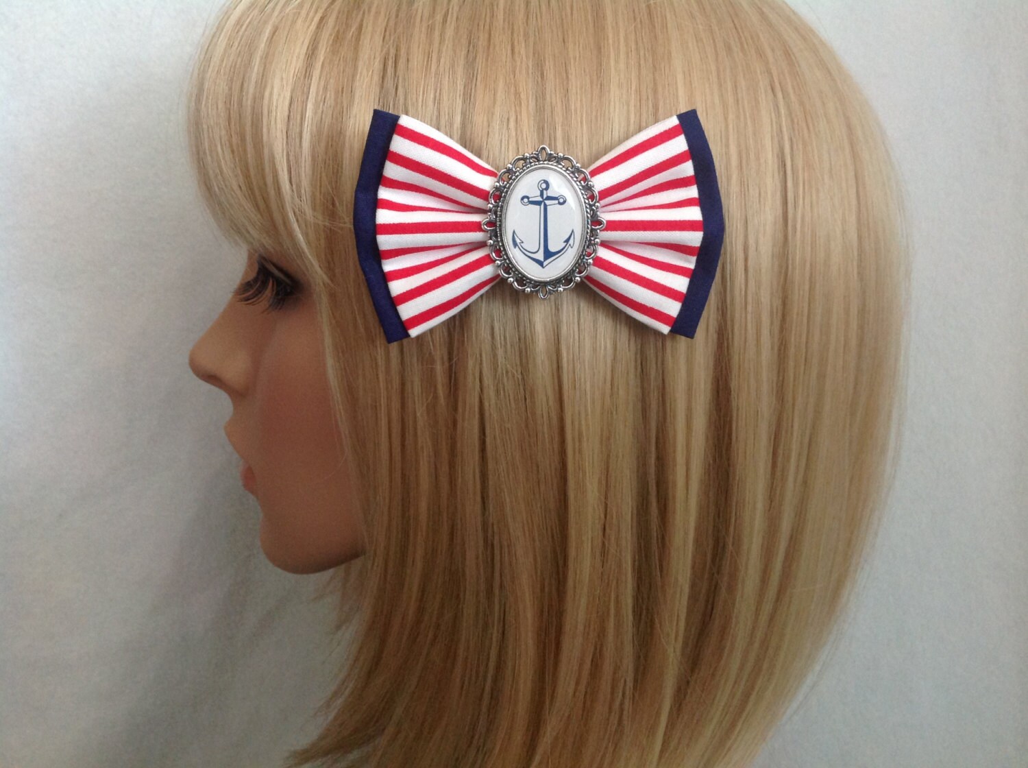 Barrette Pince à Cheveux rayures thème marin pin up rétro blanche bleu noeud Barrette Pince à Cheveux rayures thème marin pin up rétro blanche bleu noeud