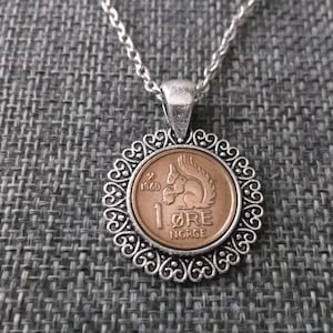 Norway Squirrel 1 Ore Coin Necklace - Norway 1  Ore Norge Coin in a  Pendant Tray- 1960 Norway Coin Necklace