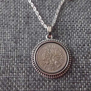 British Sixpence Coin Necklace -  British Six Pence Coin Pendant in Pendant Tray- 1961 British Six Pence Coin Necklace