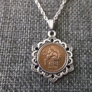 Norway Squirrel 1 Ore Coin Necklace - Norway 1  Ore Norge Coin in a  Pendant Tray- 1960 Norway Coin Necklace