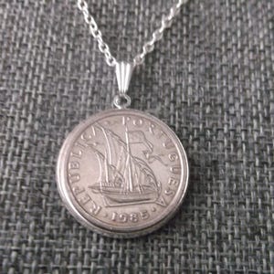 Portugal Necklace in Pendant Tray - Portugal Ship Coin Necklace - 1985 Portugal Coin Pendant