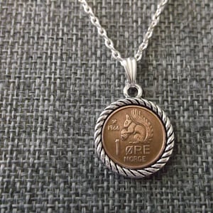 Norway Squirrel 1 Ore Coin Necklace - Norway 1  Ore Norge Coin in a  Pendant Tray- 1966 Norway Coin Necklace
