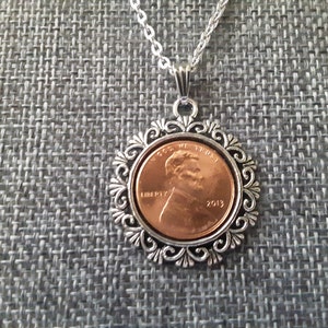 United States Penny Coin Necklace in Pendant Tray - 2013 US Penny Coin Pendant in Pendant Tray-