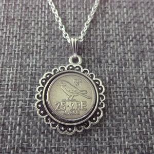 Norway 25 Ore Coin Necklace - Norway 25  Ore Norge Coin in a  Pendant Tray- 1962 Norway Coin Necklace
