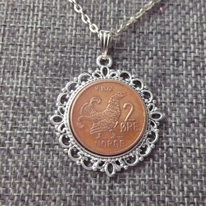 Norway 2 Ore Coin Necklace - Norway 2  Ore Norge Coin in a  Pendant Tray- 1972 Norway Coin Necklace