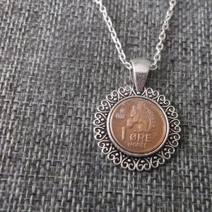 Norway Squirrel 1 Ore Coin Necklace - Norway 1  Ore Norge Coin in a  Pendant Tray- 1961 Norway Coin Necklace