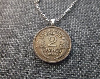 France 2 Franc Gold Colored Coin Necklace -  1940 France Coin Pendant with Bail and Chain