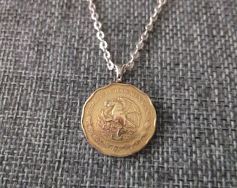 Mexicanos Coin Necklace One Dollar  Gold and Silver Colored Coin Pendant with Bail and Chain Mexico Coin Pendant