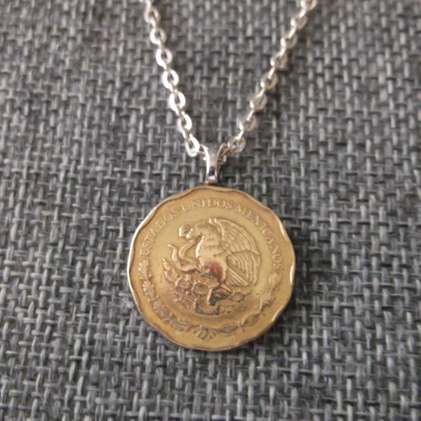 Mexico Gold Colored  Coin Necklace - Coin Pendant with Chain