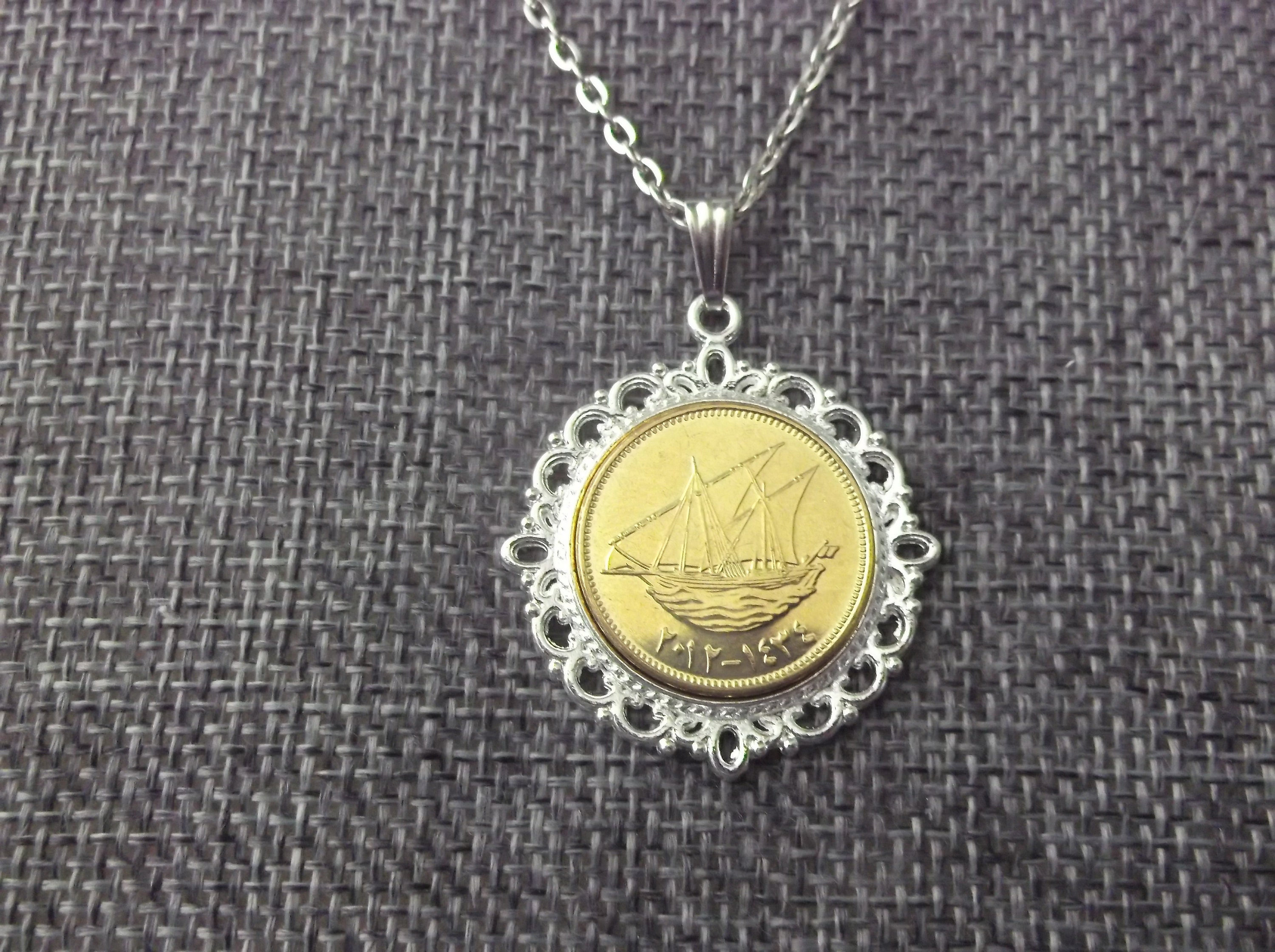 Kuwait Gold Colored Coin Necklace Kuwait Boat Coin Pendant Etsy