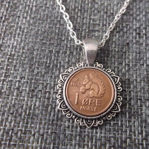 Norway Squirrel 1 Ore Coin Necklace - Norway 1  Ore Norge Coin in a  Pendant Tray- 1965 Norway Coin Necklace