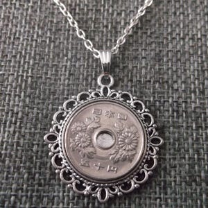 Japanese Flower Coin Necklace -Japanese Flower 50 Yen Coin Pendant in Pendant Tray-
