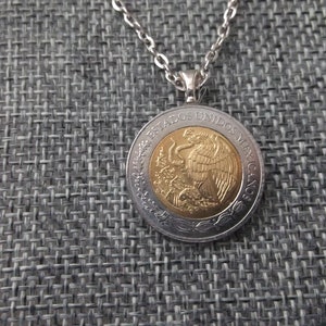 Mexicanos Coin Necklace One Dollar  Gold and Silver Colored Coin Pendant with Bail and Chain Mexico Coin Pendant