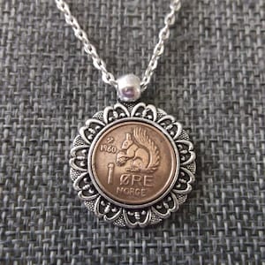 Norway Squirrel 1 Ore Coin Necklace - Norway 1  Ore Norge Coin in a  Pendant Tray- 1960 Norway Coin Necklace